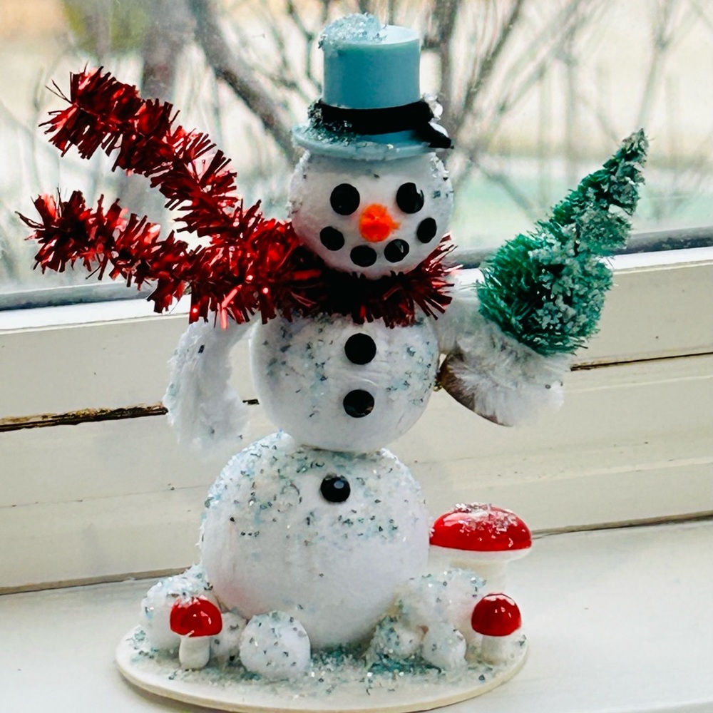 Vintage repurposed Snowman Holiday Decoration with Red Scarf